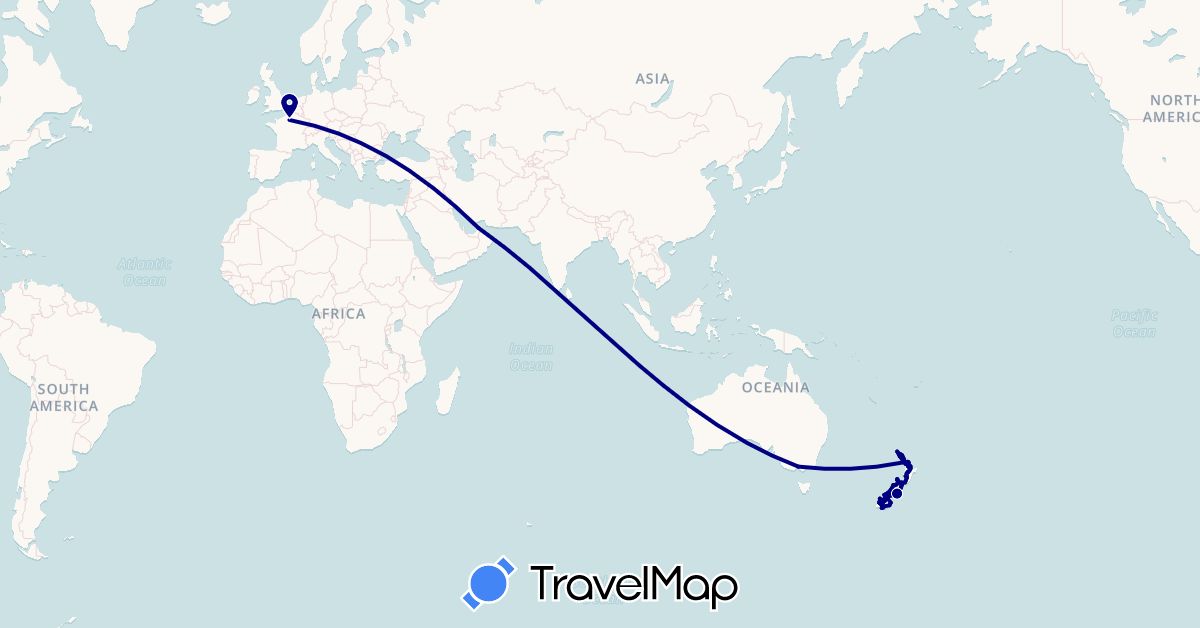 TravelMap itinerary: driving in United Arab Emirates, Australia, France, New Zealand (Asia, Europe, Oceania)